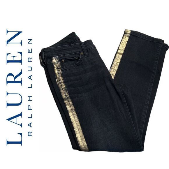 Lauren Ralph Lauren Denim - Lauren Ralph Lauren Women’s Black Gold Metallic Tuxedo Stripe Jeans - Size 4